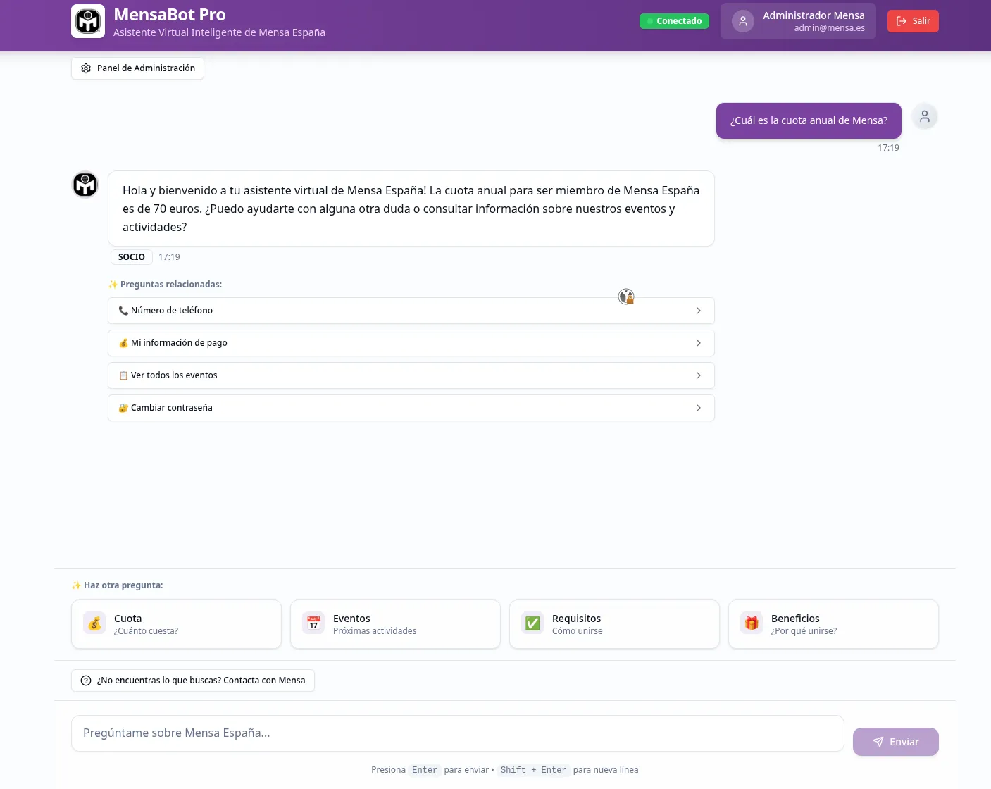 Conversación del chatbot respondiendo en tiempo real